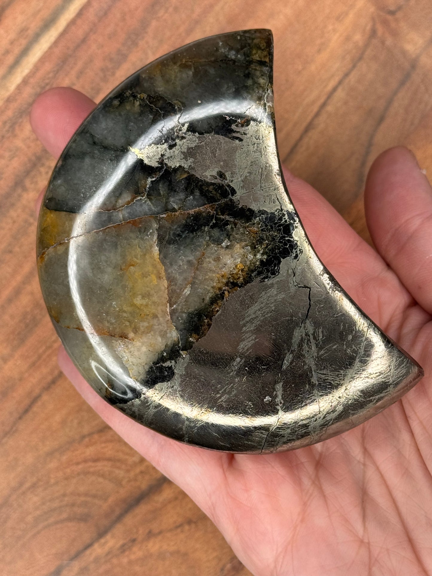 Golden Healer with pyrite & hematite Moon with stand (69)