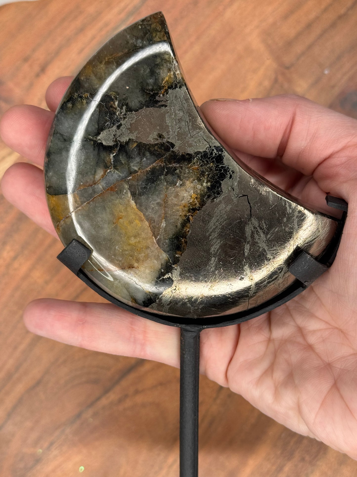 Golden Healer with pyrite & hematite Moon with stand (69)