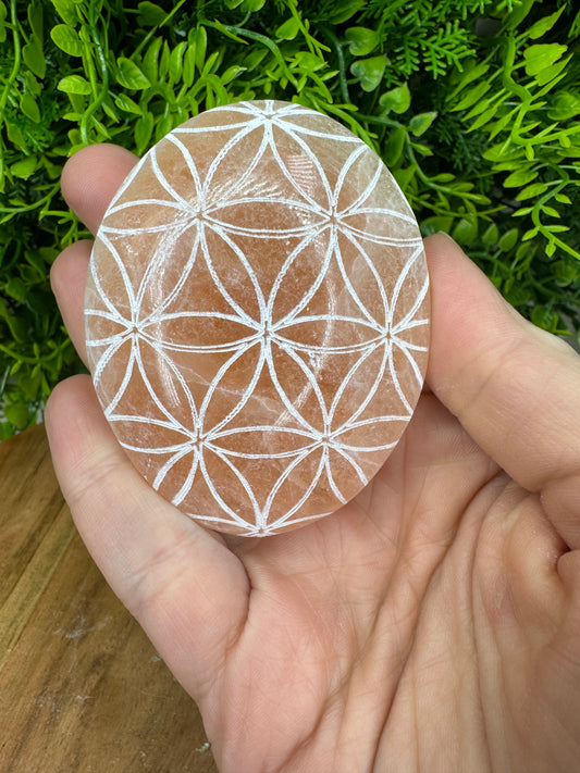 Peach Satin Spar Carved Palm Stone