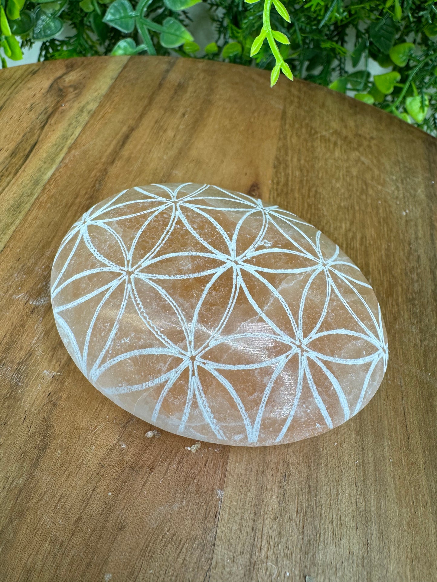 Peach Satin Spar Carved Palm Stone