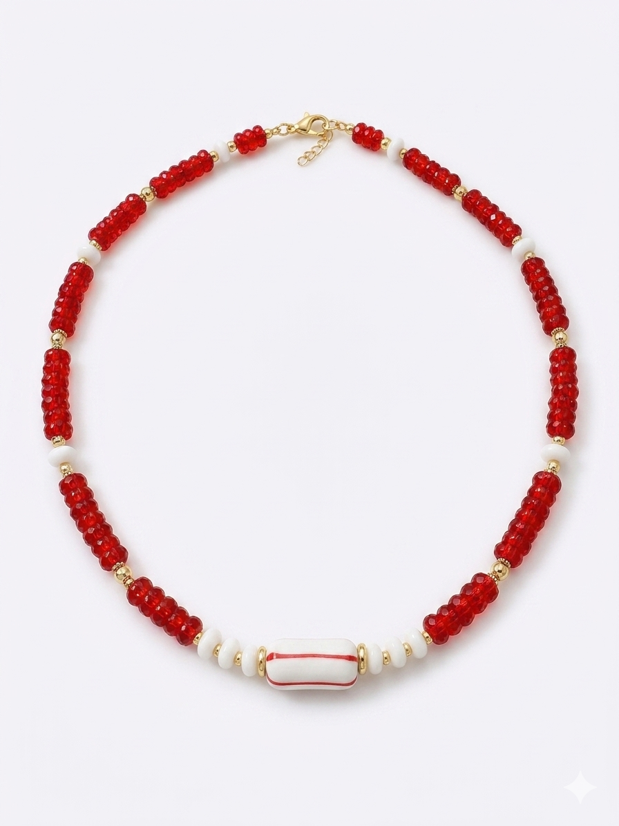Crimson Candy Barrel Necklace Handmade